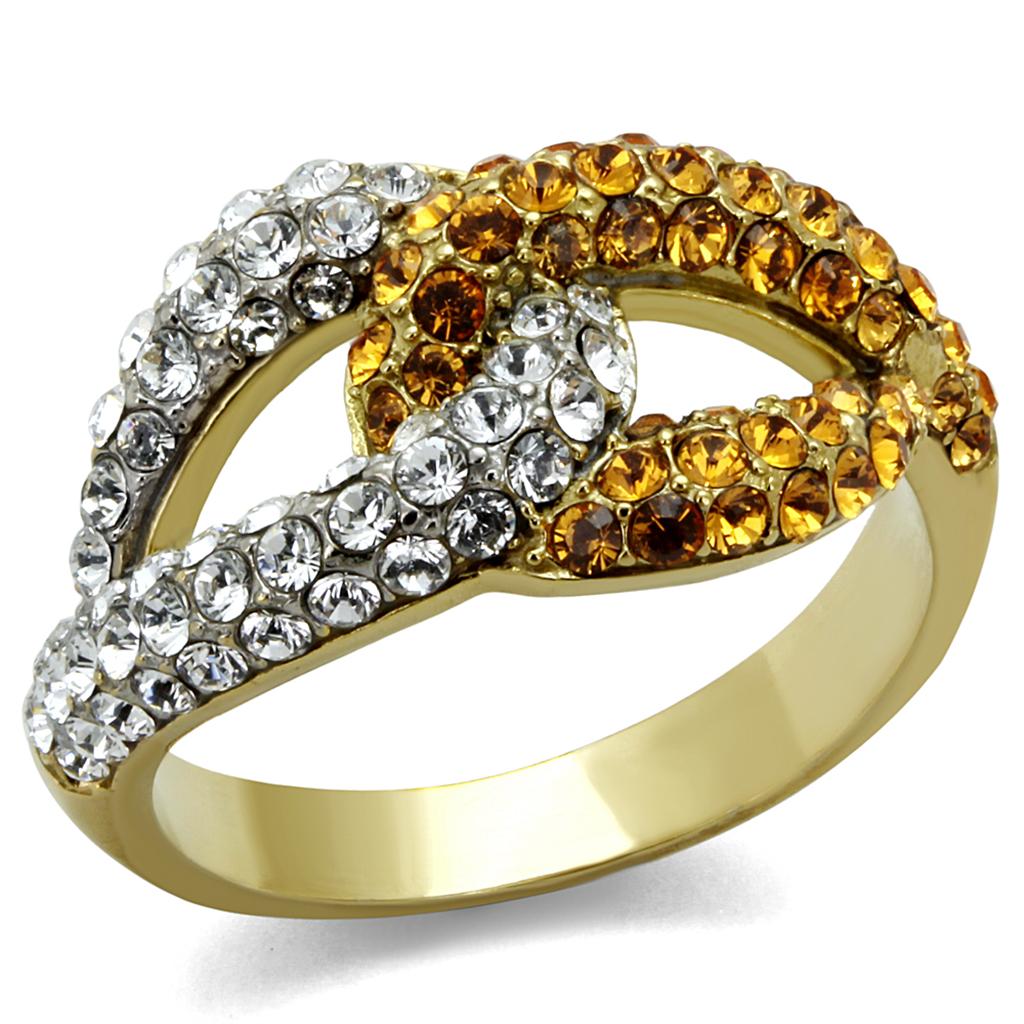 TK2251 - Two-Tone IP Gold (Ion Plating) Stainless Steel Ring with Top Grade Crystal  in Topaz-0