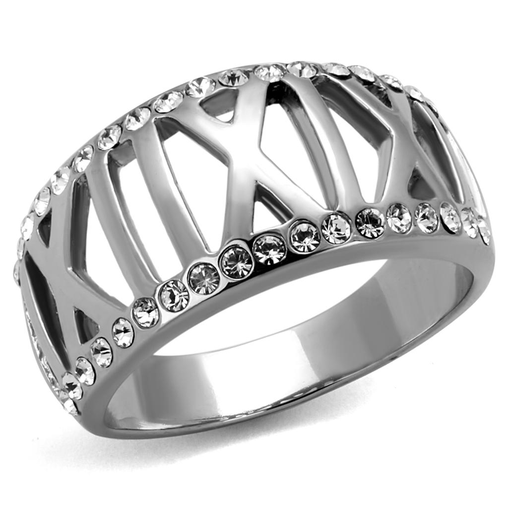 TK2257 - High polished (no plating) Stainless Steel Ring with Top Grade Crystal  in Clear-0