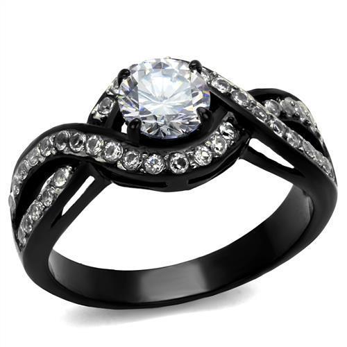 TK2282 - Two-Tone IP Black (Ion Plating) Stainless Steel Ring with AAA Grade CZ  in Clear-0