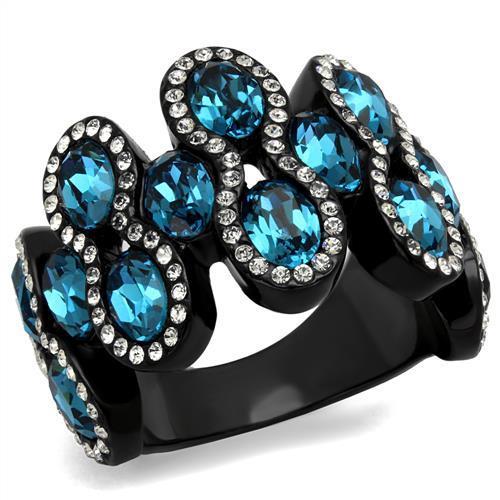 TK2289 - IP Black(Ion Plating) Stainless Steel Ring with Top Grade Crystal  in Aquamarine-0