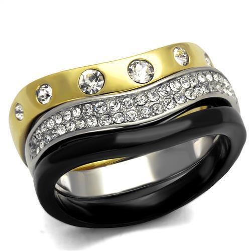 TK2299 - IP Gold+ IP Black (Ion Plating) Stainless Steel Ring with Top Grade Crystal  in Clear-0