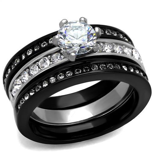 TK2304 - Two-Tone IP Black (Ion Plating) Stainless Steel Ring with AAA Grade CZ  in Clear-0