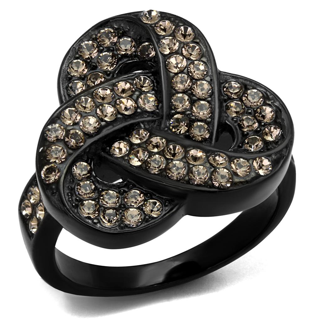 TK2347 - IP Black(Ion Plating) Stainless Steel Ring with Top Grade Crystal  in Light Smoked-0