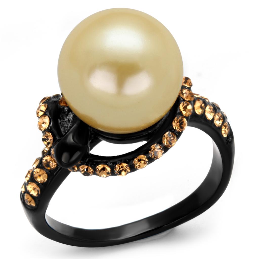 TK2349 - IP Black(Ion Plating) Stainless Steel Ring with Synthetic Pearl in Topaz-0