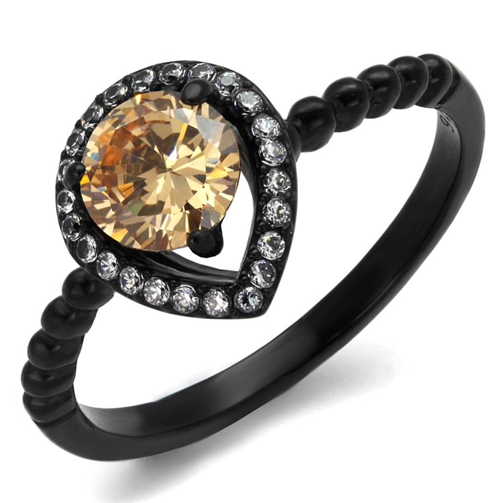 TK2365 - IP Black(Ion Plating) Stainless Steel Ring with AAA Grade CZ  in Champagne-0