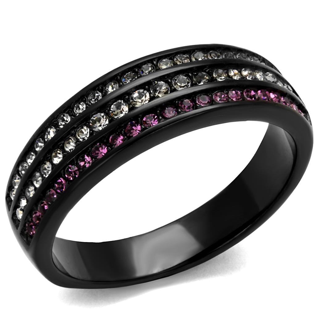 TK2366 - IP Black(Ion Plating) Stainless Steel Ring with Top Grade Crystal  in Amethyst-0