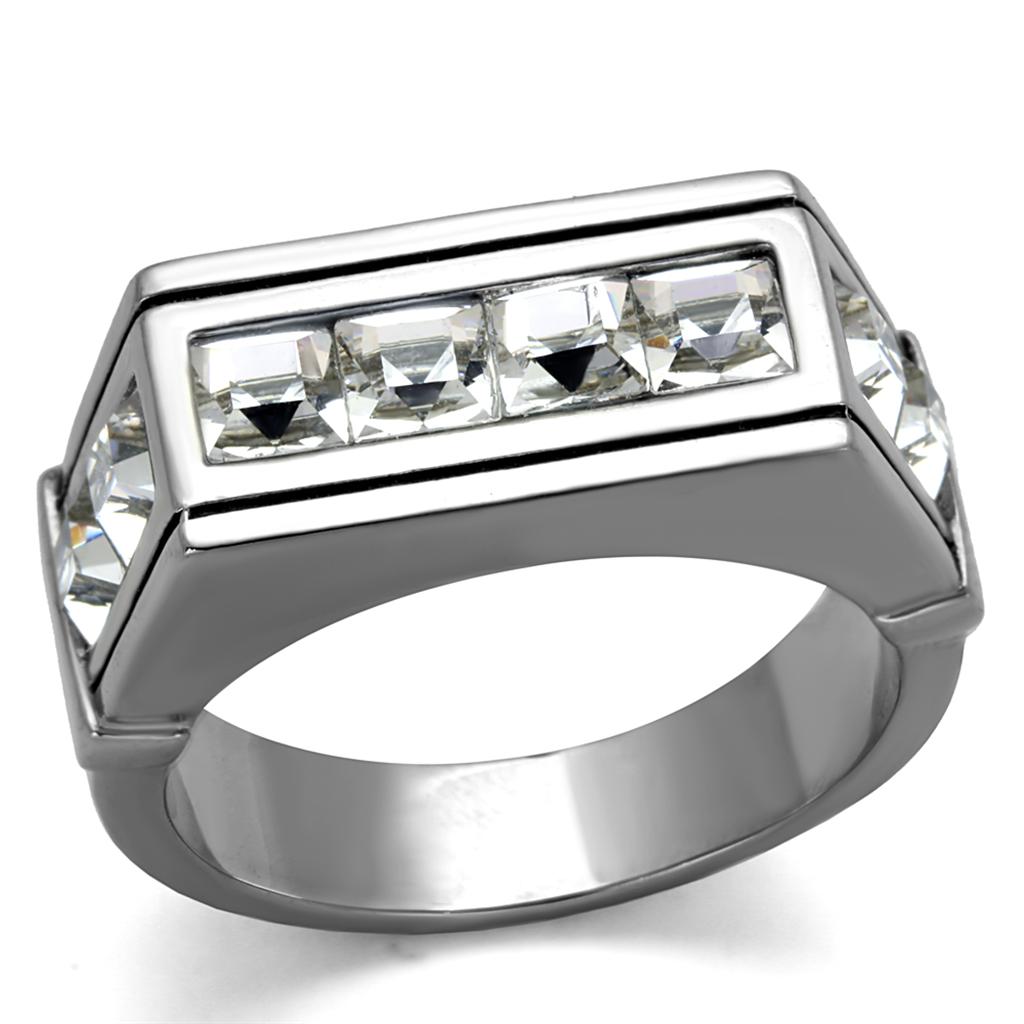 TK2376 - High polished (no plating) Stainless Steel Ring with Top Grade Crystal  in Clear-0