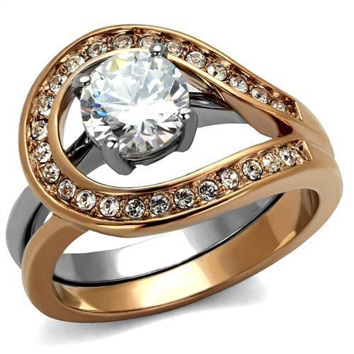 TK2479 - Two-Tone IP Rose Gold Stainless Steel Ring with AAA Grade CZ  in Clear-0