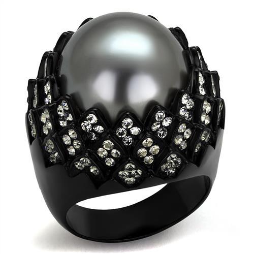 TK2483 - IP Black(Ion Plating) Stainless Steel Ring with Synthetic Pearl in Gray-0