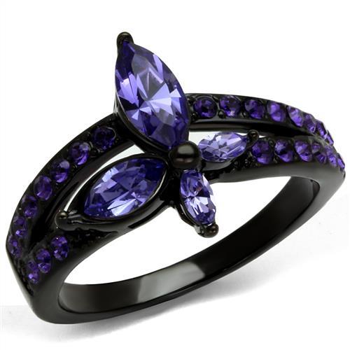 TK2490 - IP Black(Ion Plating) Stainless Steel Ring with Top Grade Crystal  in Tanzanite-0