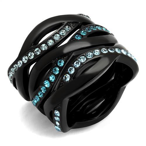 TK2492 - IP Black(Ion Plating) Stainless Steel Ring with Top Grade Crystal  in Sea Blue-0