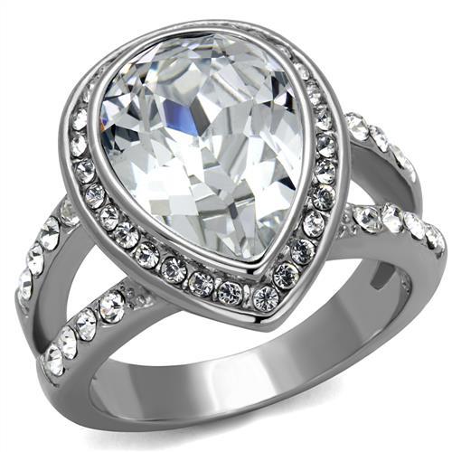 TK2504 - High polished (no plating) Stainless Steel Ring with Top Grade Crystal  in Clear-0