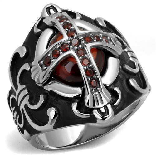 TK2507 - High polished (no plating) Stainless Steel Ring with AAA Grade CZ  in Garnet-0