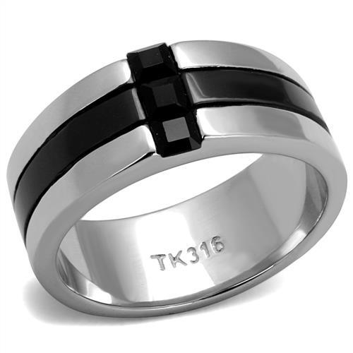 TK2516 - High polished (no plating) Stainless Steel Ring with Top Grade Crystal  in Jet-0