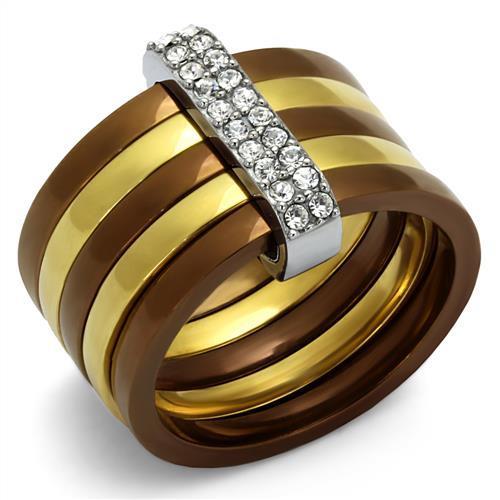 TK2601 - Three Tone (IP Gold & IP Light coffee & High Polished) Stainless Steel Ring with Top Grade Crystal  in Clear-0