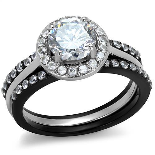TK2620 - Two-Tone IP Black (Ion Plating) Stainless Steel Ring with AAA Grade CZ  in Clear-0