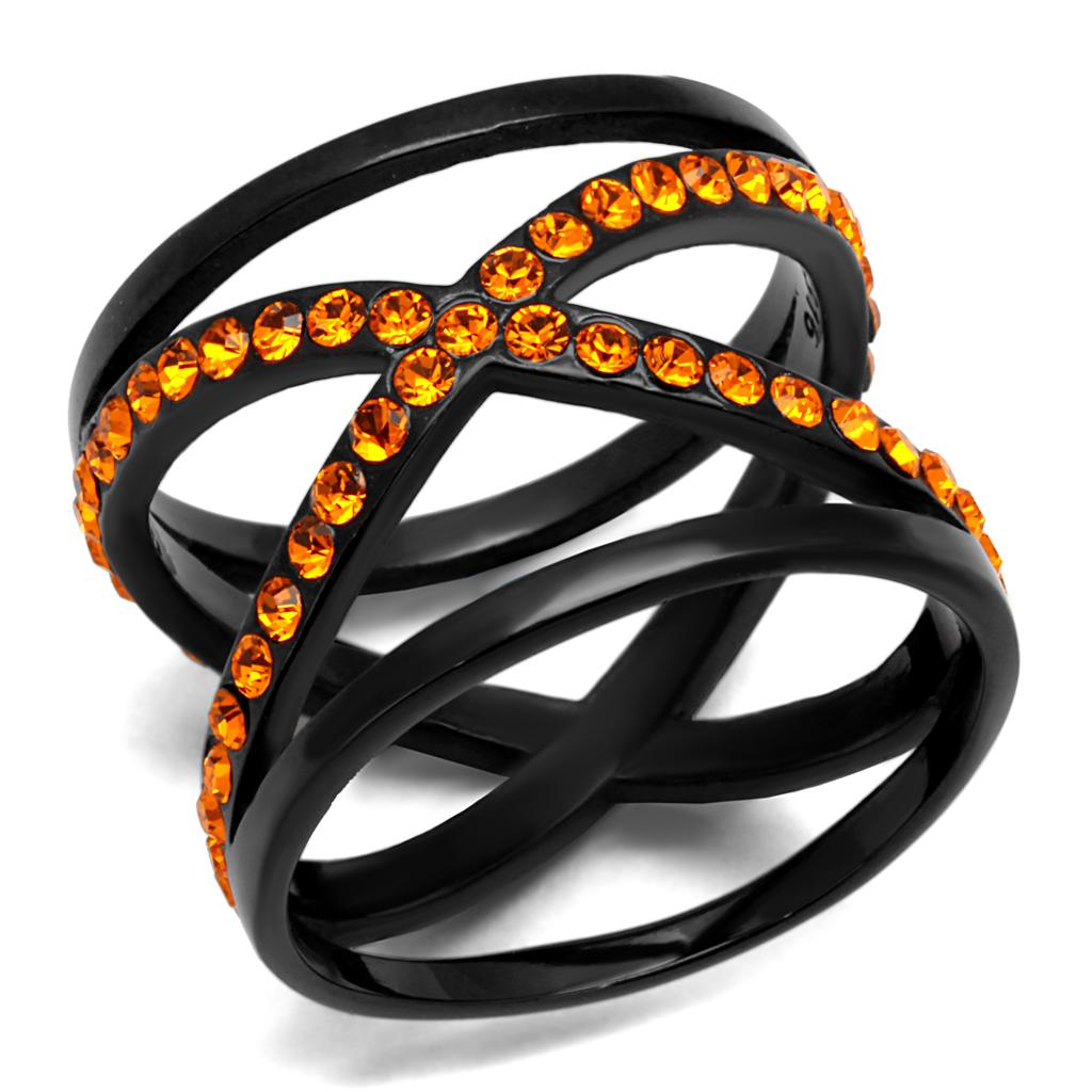 TK2645 - IP Black(Ion Plating) Stainless Steel Ring with Top Grade Crystal  in Orange-0