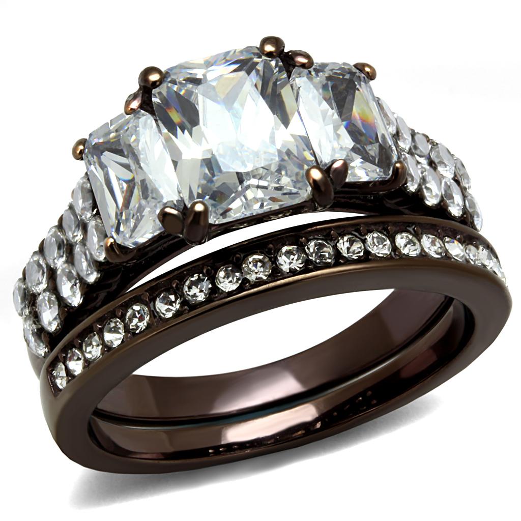 TK2646 - IP Dark Brown (IP coffee) Stainless Steel Ring with AAA Grade CZ  in Clear-0