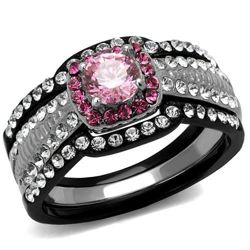 TK2651 - Two-Tone IP Black (Ion Plating) Stainless Steel Ring with AAA Grade CZ  in Light Rose-0