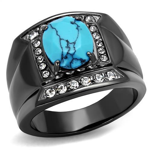TK2662 - IP Light Black  (IP Gun) Stainless Steel Ring with Synthetic Turquoise in Sea Blue-0