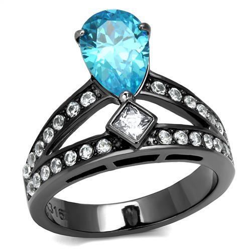 TK2775 - IP Light Black  (IP Gun) Stainless Steel Ring with AAA Grade CZ  in Sea Blue-0