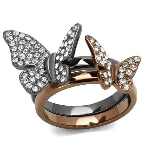 TK2806 - IP Light Black & IP Light coffee Stainless Steel Ring with Top Grade Crystal  in Clear-0