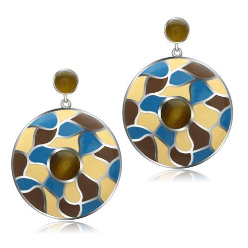 TK281 - High polished (no plating) Stainless Steel Earrings with Synthetic Cat Eye in Brown-0