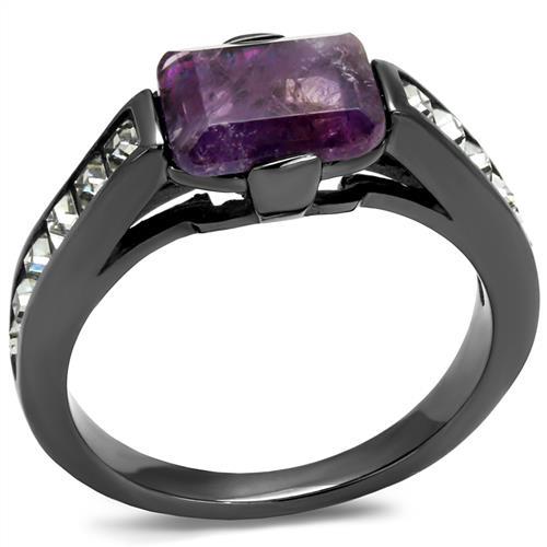TK2832 - IP Light Black  (IP Gun) Stainless Steel Ring with Precious Stone Amethyst Crystal in Amethyst-0