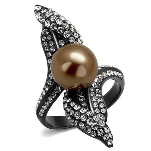 TK2834 - IP Light Black  (IP Gun) Stainless Steel Ring with Synthetic Pearl in Brown-0