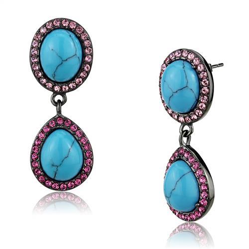 TK2847 - IP Light Black  (IP Gun) Stainless Steel Earrings with Synthetic Turquoise in Sea Blue-0