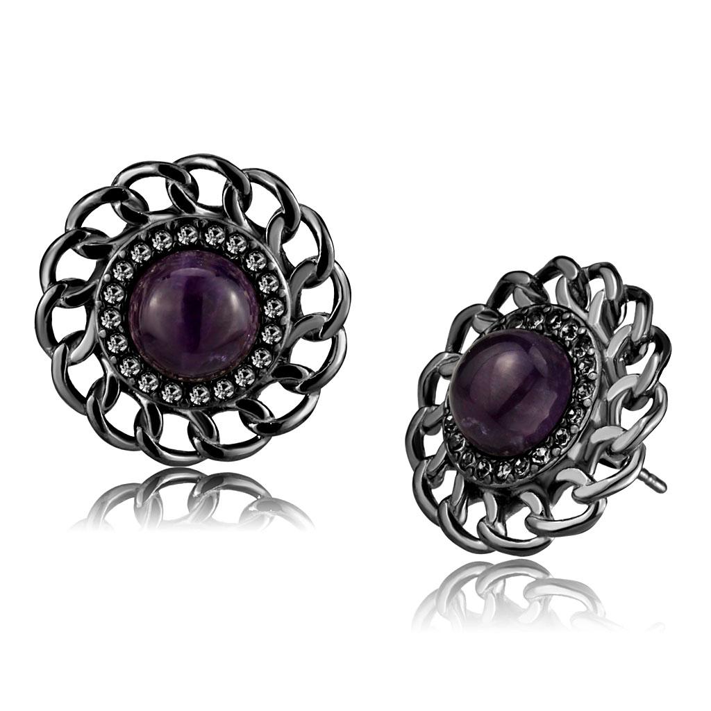 TK2889 - IP Light Black  (IP Gun) Stainless Steel Earrings with Semi-Precious Amethyst Crystal in Amethyst-0