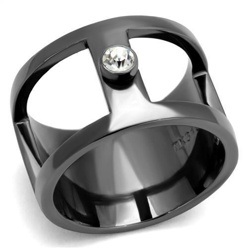 TK2898 - IP Light Black  (IP Gun) Stainless Steel Ring with Top Grade Crystal  in Clear-0
