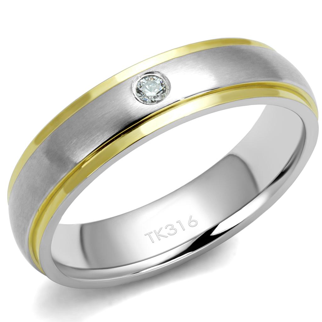 TK2938 - Two-Tone IP Gold (Ion Plating) Stainless Steel Ring with AAA Grade CZ  in Clear-0