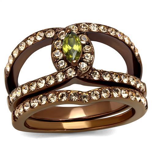 TK2956 - IP Coffee light Stainless Steel Ring with AAA Grade CZ  in Olivine color-0