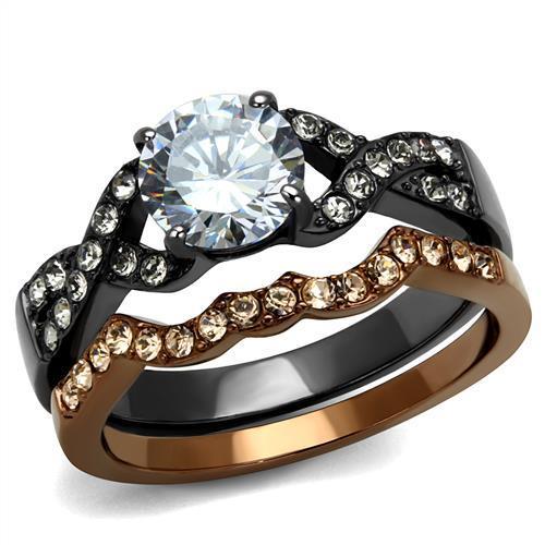 TK2958 - IP Light Black & IP Light coffee Stainless Steel Ring with AAA Grade CZ  in Clear-0