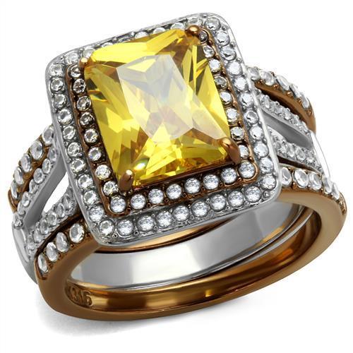 TK2962 - Two Tone IP Light Brown (IP Light coffee) Stainless Steel Ring with AAA Grade CZ  in Topaz-0