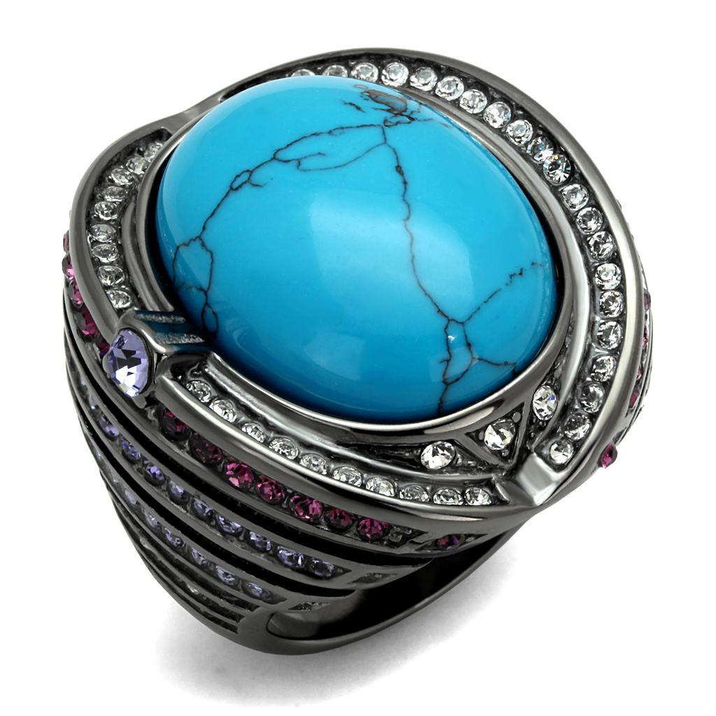 TK2983 - IP Light Black  (IP Gun) Stainless Steel Ring with Synthetic Turquoise in Sea Blue-0