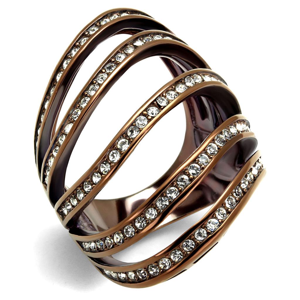 TK2985 - IP Coffee light Stainless Steel Ring with Top Grade Crystal  in Clear-0
