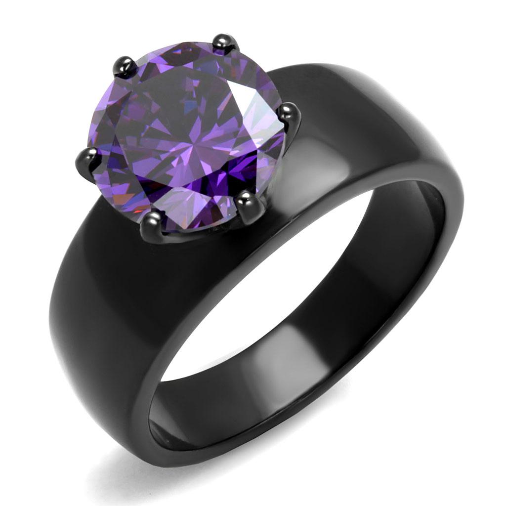 TK2999 - IP Black(Ion Plating) Stainless Steel Ring with AAA Grade CZ  in Amethyst-0