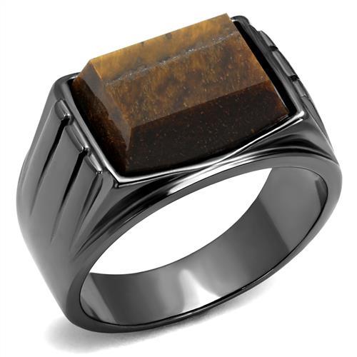 TK3001 - IP Light Black  (IP Gun) Stainless Steel Ring with Synthetic Tiger Eye in Topaz-0