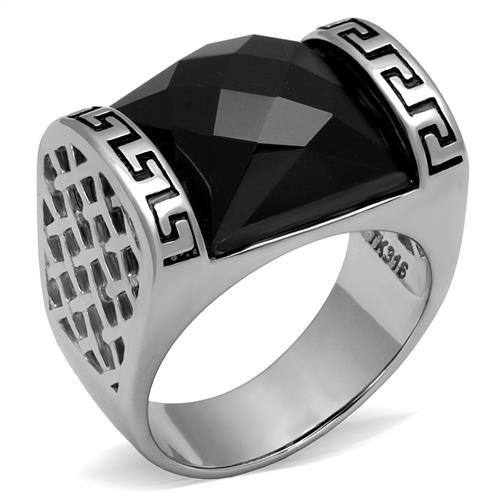 TK3016 - High polished (no plating) Stainless Steel Ring with Synthetic Onyx in Jet-0