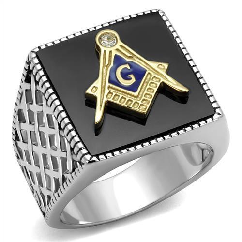 TK3018 - Two-Tone IP Gold (Ion Plating) Stainless Steel Ring with Semi-Precious Agate in Jet-0