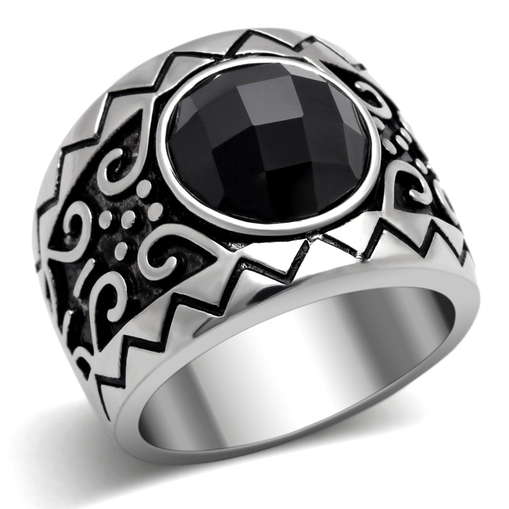 TK303 - High polished (no plating) Stainless Steel Ring with AAA Grade CZ  in Jet-0