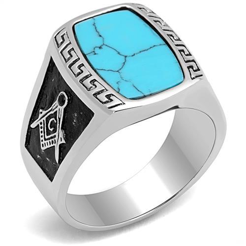 TK3044 - High polished (no plating) Stainless Steel Ring with Synthetic Turquoise in Sea Blue-0