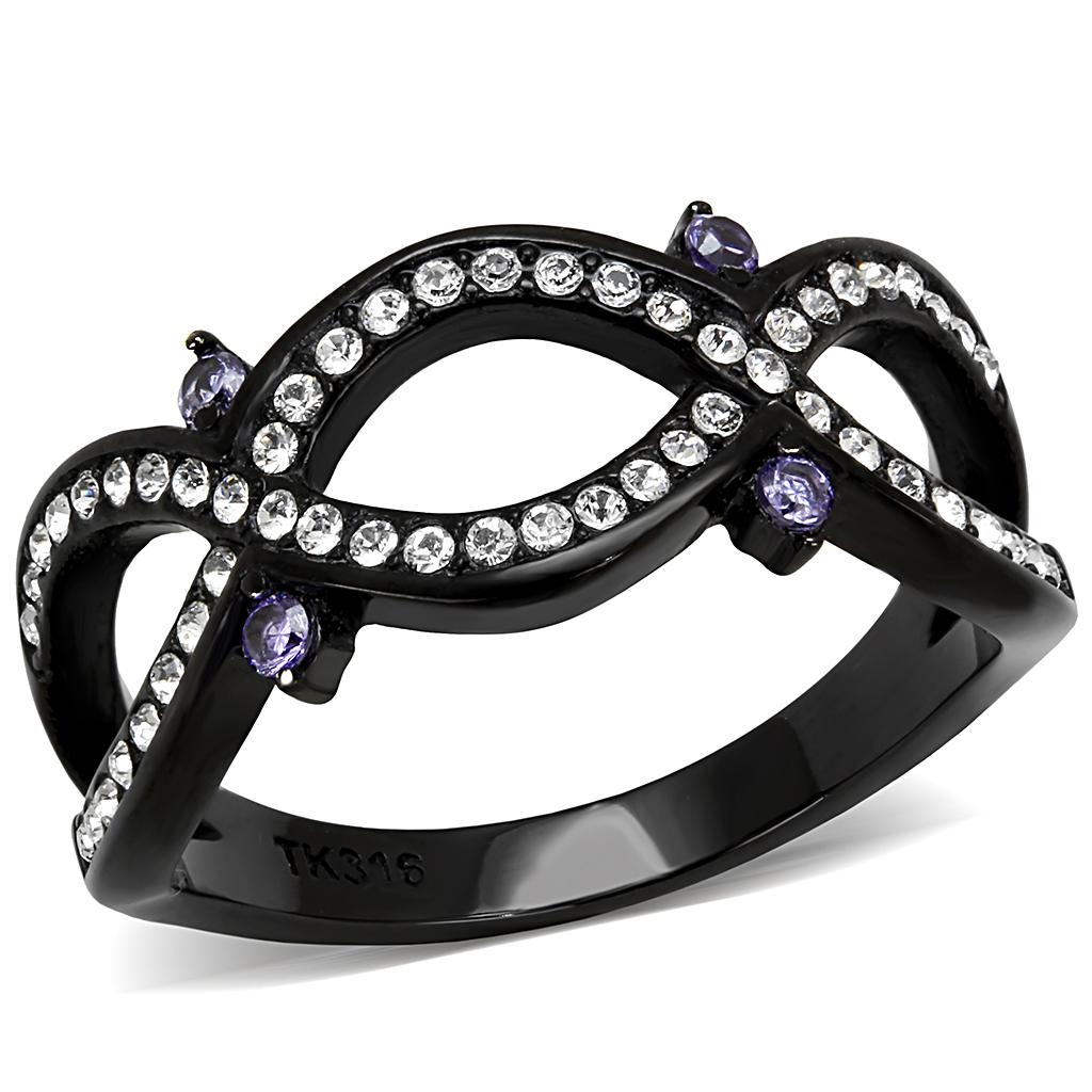 TK3047 - IP Black(Ion Plating) Stainless Steel Ring with AAA Grade CZ  in Amethyst-0