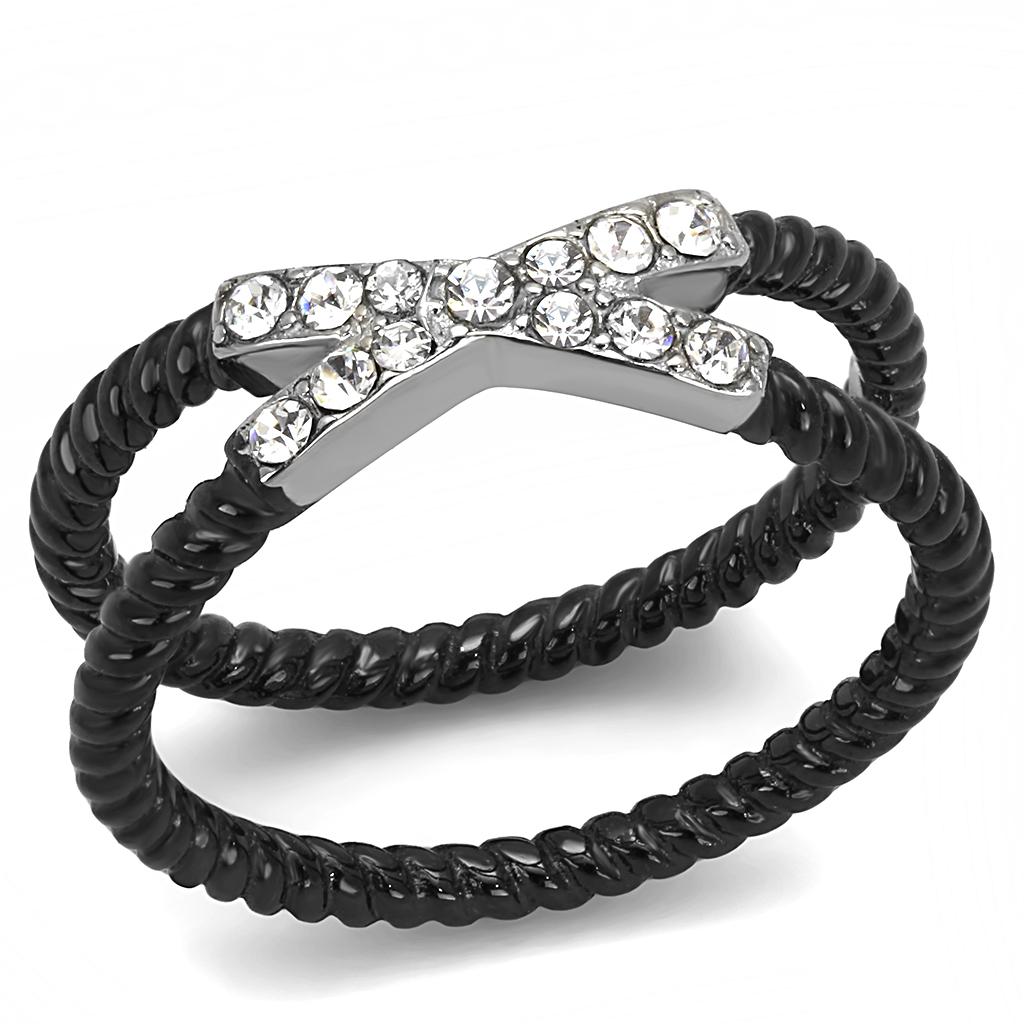 TK3053 - Two-Tone IP Black (Ion Plating) Stainless Steel Ring with Top Grade Crystal  in Clear-0