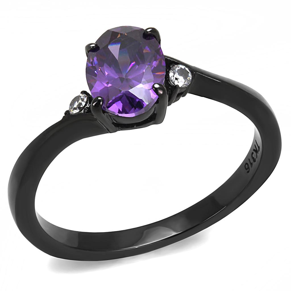 TK3063 - IP Black(Ion Plating) Stainless Steel Ring with AAA Grade CZ  in Amethyst-0