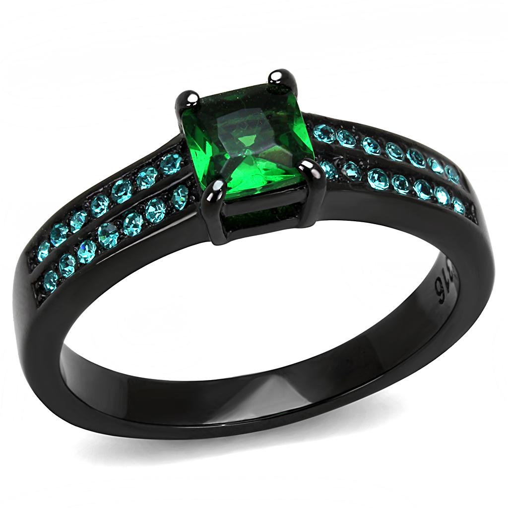 TK3064 - IP Black(Ion Plating) Stainless Steel Ring with Synthetic Synthetic Glass in Emerald-0