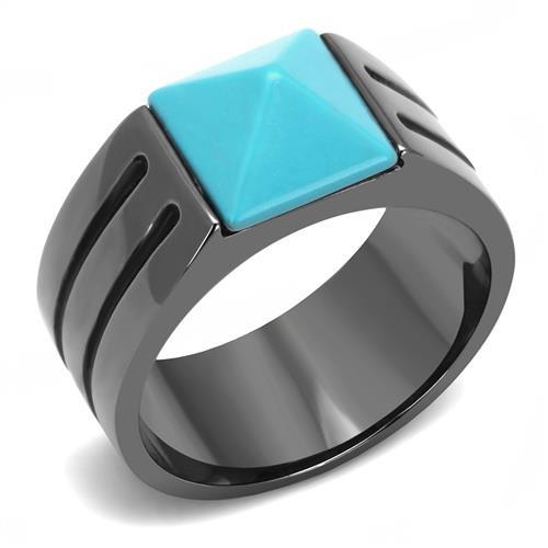 TK3074 - IP Light Black  (IP Gun) Stainless Steel Ring with Synthetic Turquoise in Sea Blue-0