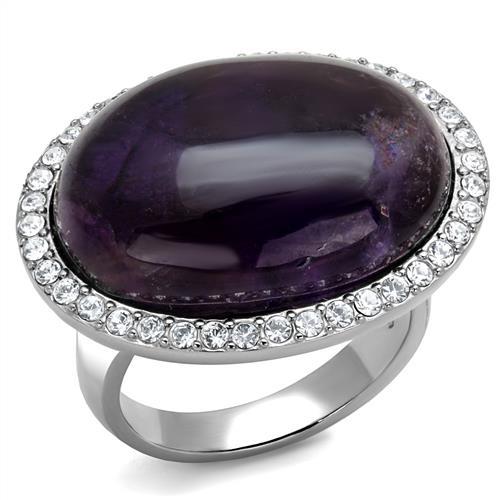 TK3083 - High polished (no plating) Stainless Steel Ring with Semi-Precious Amethyst Crystal in Amethyst-0
